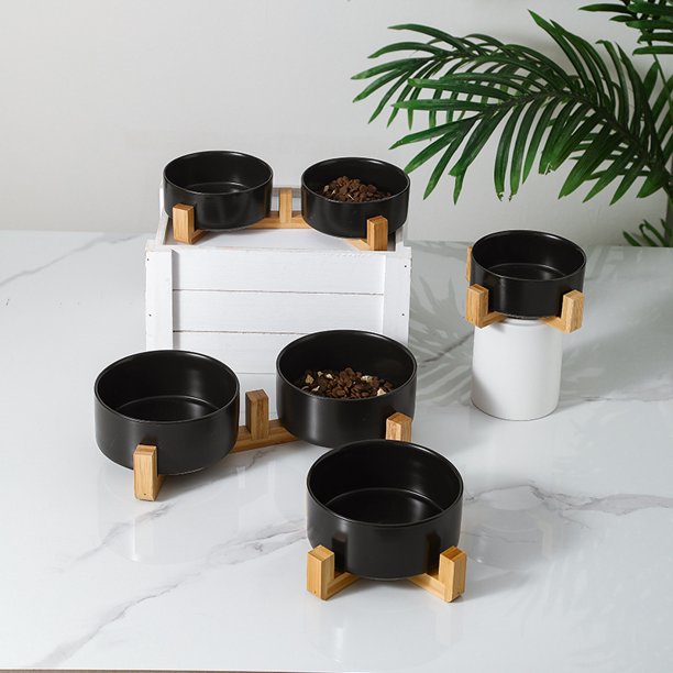 Cuenco de cerámica para gatos, cuenco para comida para gatos, cuenco para perros, cuenco para agua potable, cuenco doble que protege la columna cervical, cuenco negro para mascotas