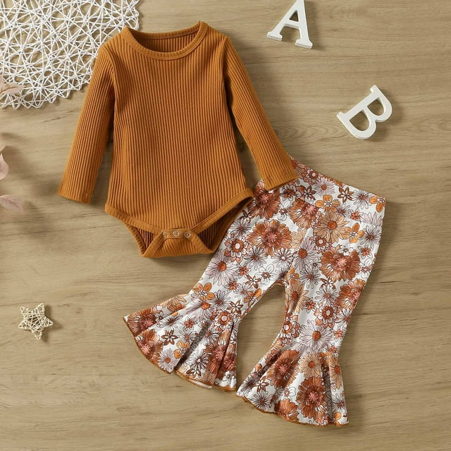 DPTALR Infant Toddler Baby Girls Solid Color Strip Long-sleeved Romper Print Flared Pants Trousers Two-piece Set