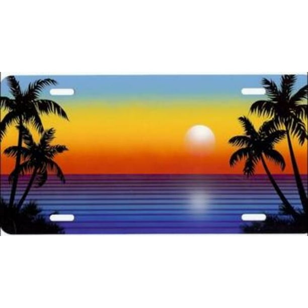 Red Sunrise Palm Tree Scene License Plate Free Names on this Plate