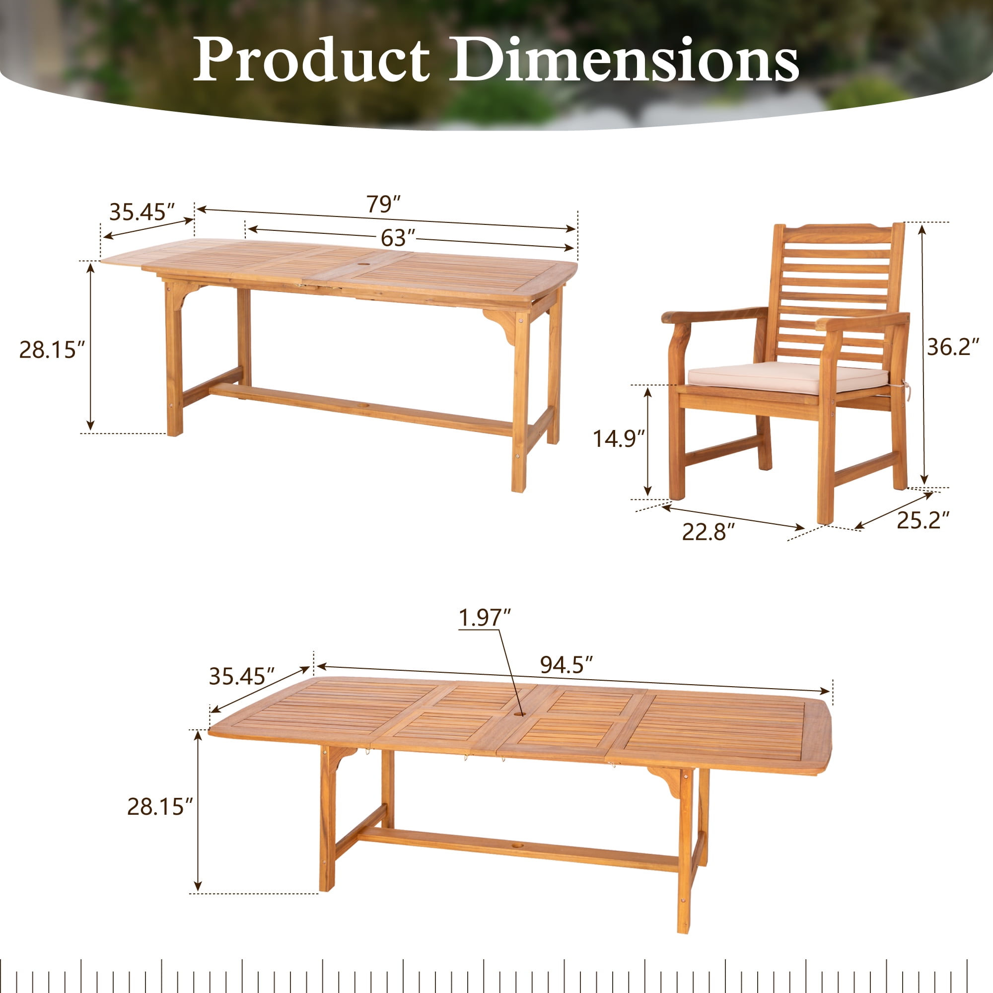 Sophia & William 7 Pieces Patio Dining Set Acacia Wood Outdoor Furniture Set Expandable Table and Natural Wood Chairs with Cushions for Lawn, Garden, Backyard