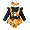 thumbnail image 3 of CONFREE Baby Girl Halloween Outfit Long Sleeve Cute Pumpkin Print Romper Jumpsuit Suspender Skirt With Hairband 3Pcs Hallowmas Outfit Set Fall Clothing Set, 3 of 8