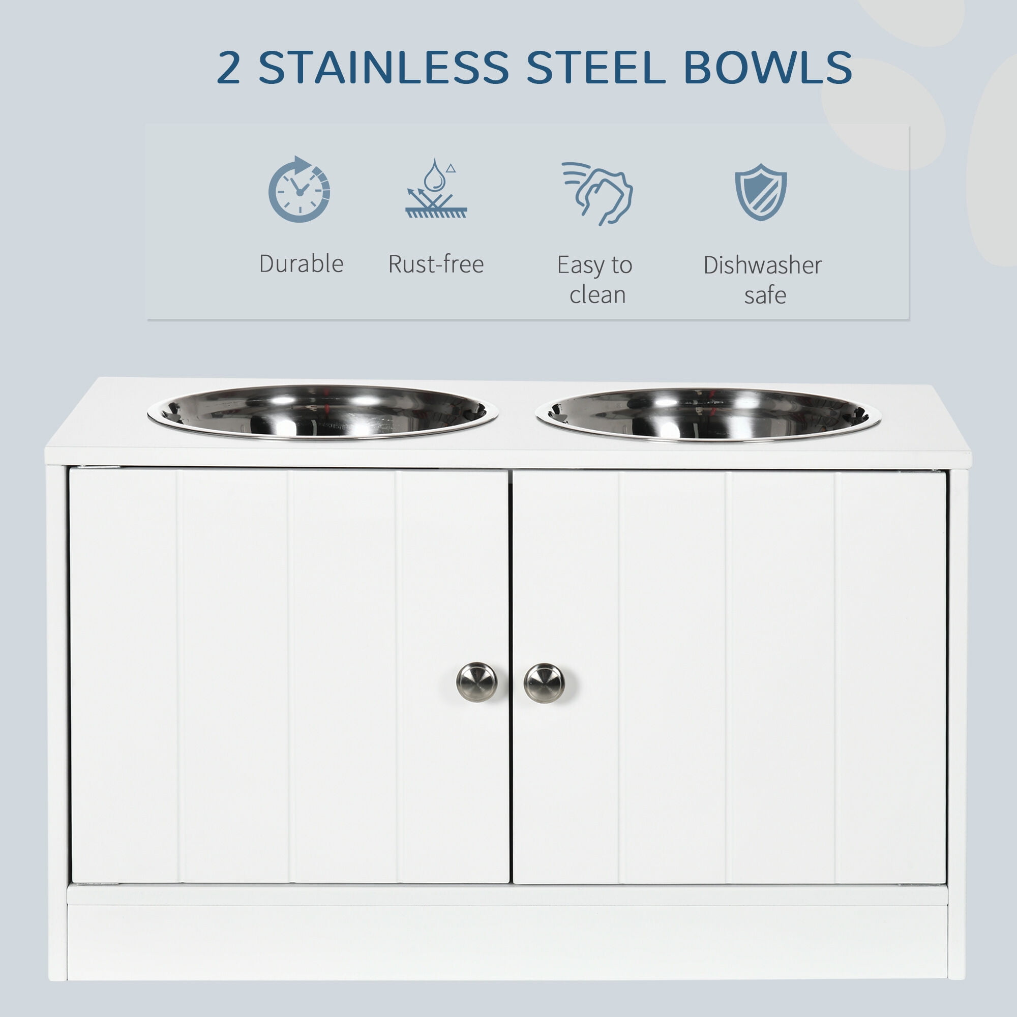 Orthopedic Dog Bed, PawHut Large Elevated Dog Bowls with Storage Cabinet Containing Large 44L Capacity, Raised Dog Bowl Stand Pet Food Bowl Dog Feeding Station, White, White Dog Bed,Steel Cat Bed