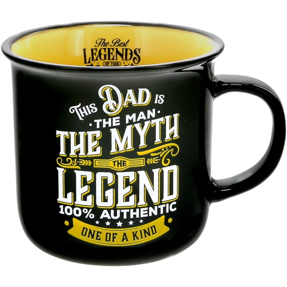 Pavilion Gift Company - Dad The Legend - Ceramic 13-ounce Campfire Mug, Double Sided Coffee Cup, Fathers Day Gift, 1 Count, Black/Yellow