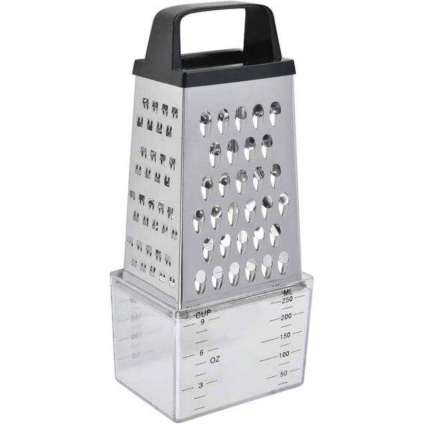 Rallador de acero inoxidable de 4 lados con mango ergonómico antideslizante, incluye recipiente medidor desmontable, perfecto para rallar, triturar, rebanar y rallar, apto para lavavajillas