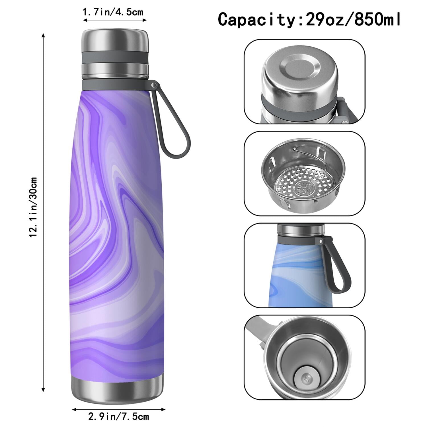 29oz Insulated Water Bottle with Tea Infuser, Stainless Steel Travel Mug, Liquid & Marble Print