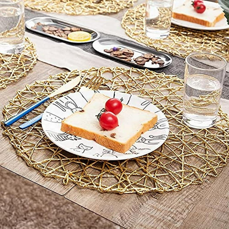 6 Pack Gold Metallic Non-Slip Placemats, Spiked Design Round Vinyl