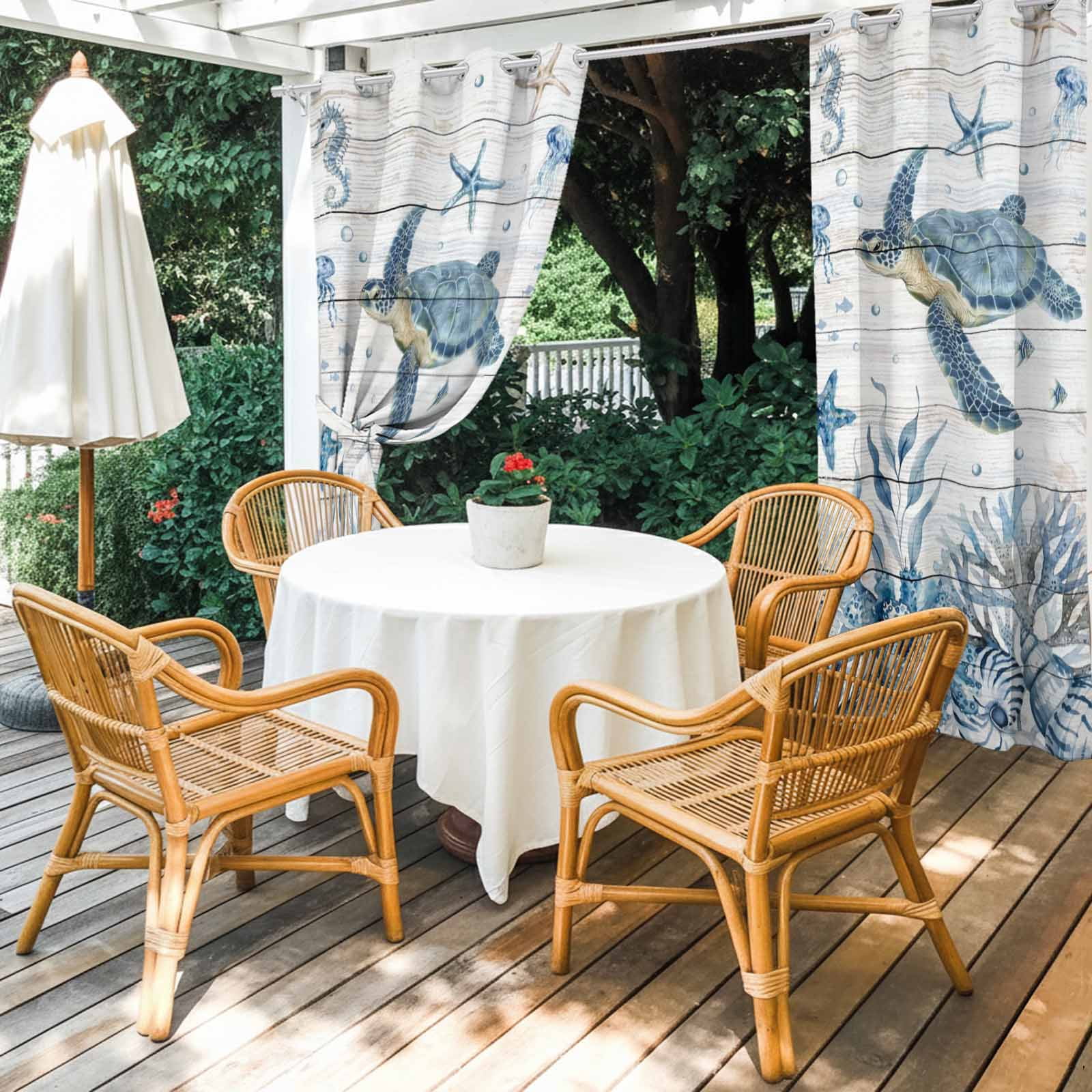 Marine Life Outdoor Curtains for Patio, Ocean Turtle Coral Starfish Seashell Coastal Wood Grain Sunshade Privacy Drapes Grommet Waterproof Outside Curtains for Porch/Cabana/Balcony 54"x 108", 1 Panel