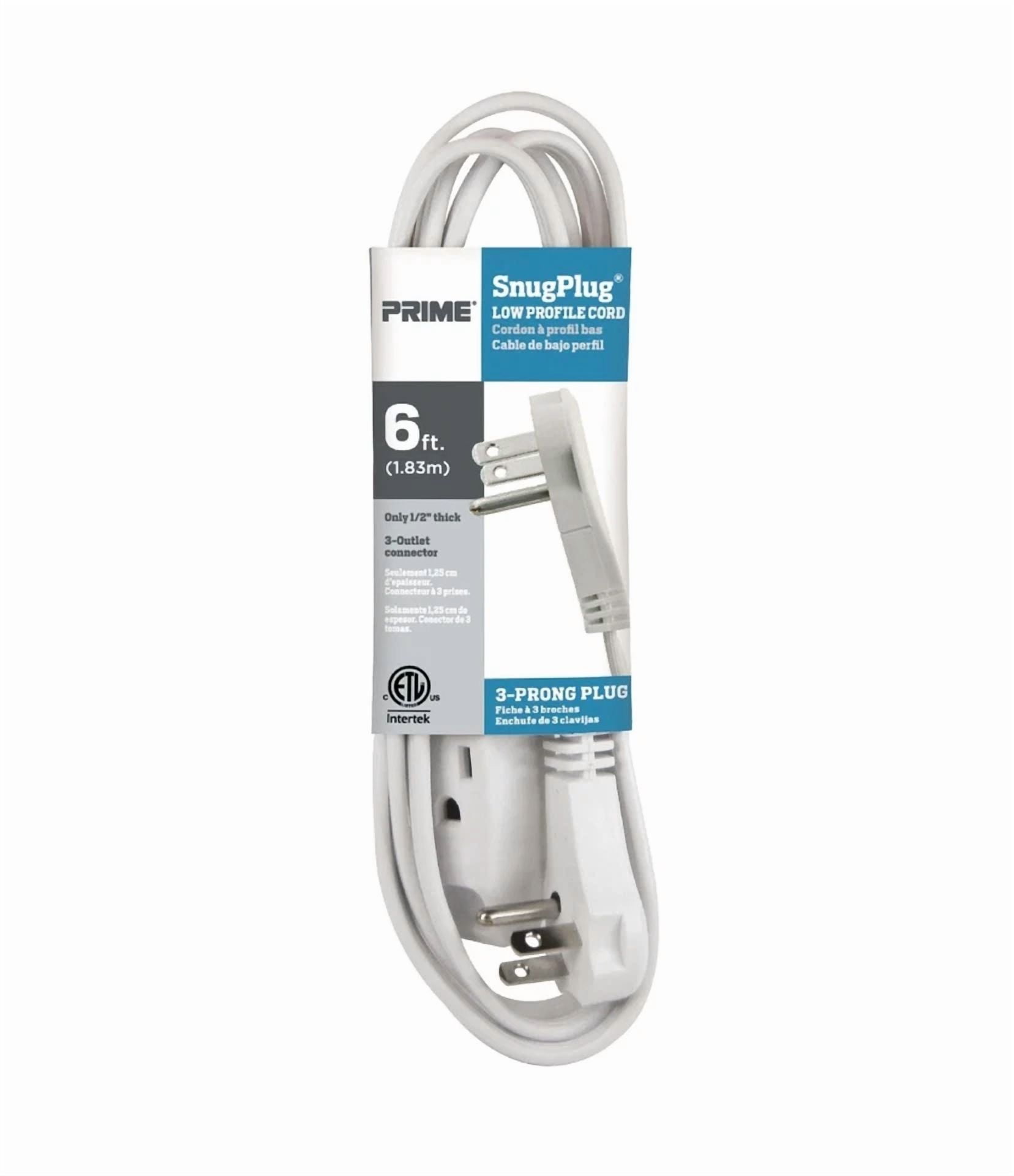 Prime 6Ft Flat Plug 3 Outlet Extention Cord Cable Household 16/3 Household