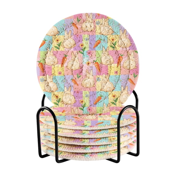 Haosy Set of 6 Drink Woven Coaster with Holder Heat Resistant Non-Slip Bar Coasters 4 Inches Bunny Carrots Flower Squares