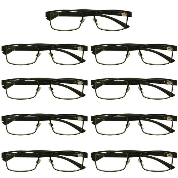 9 Packs Mens Rectangle Metal Frame Reading Glasses Black Spring Hinge Readers 1.00