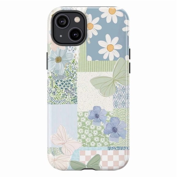 Pastel Floral Butterfly Patchwork Phone Case, Soft Blue Daisy Quilt Design, Protective Cover for iPhone 17 16 15 14 13 12 11 Pro Max Mini