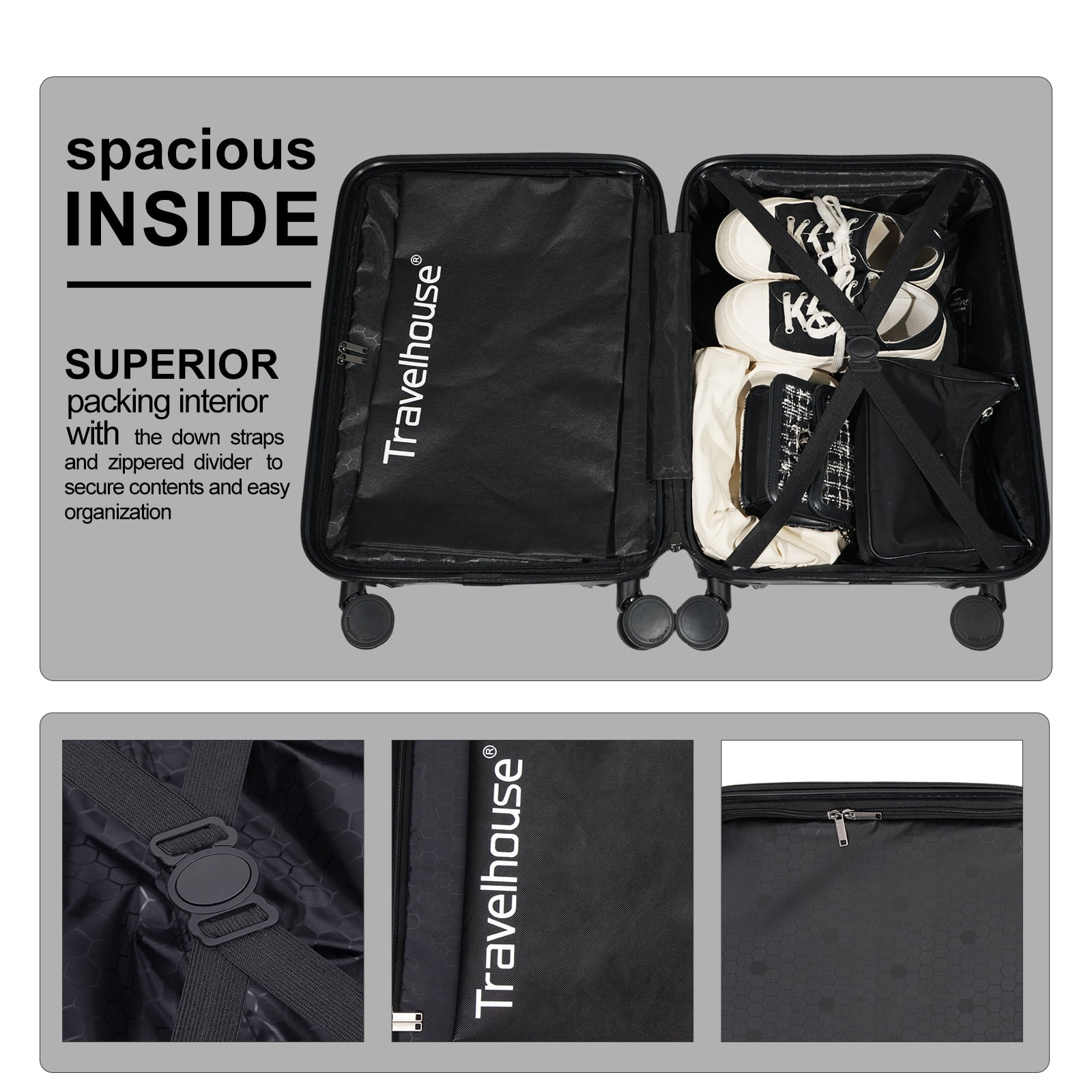 Travelhouse 20" Underseat Hard-Sided Carry-On Luggage, Spinner Wheels, ABS,Black