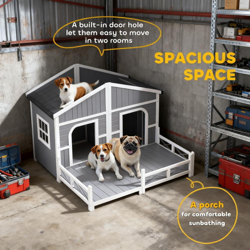 Large Indoor Outdoor Dog House,Wood Insulated Dog House,Weatherproof Outside Shelter with Elevated Floor,Easy to Assemble(59""L x 63.5""W x 39.25""H)
