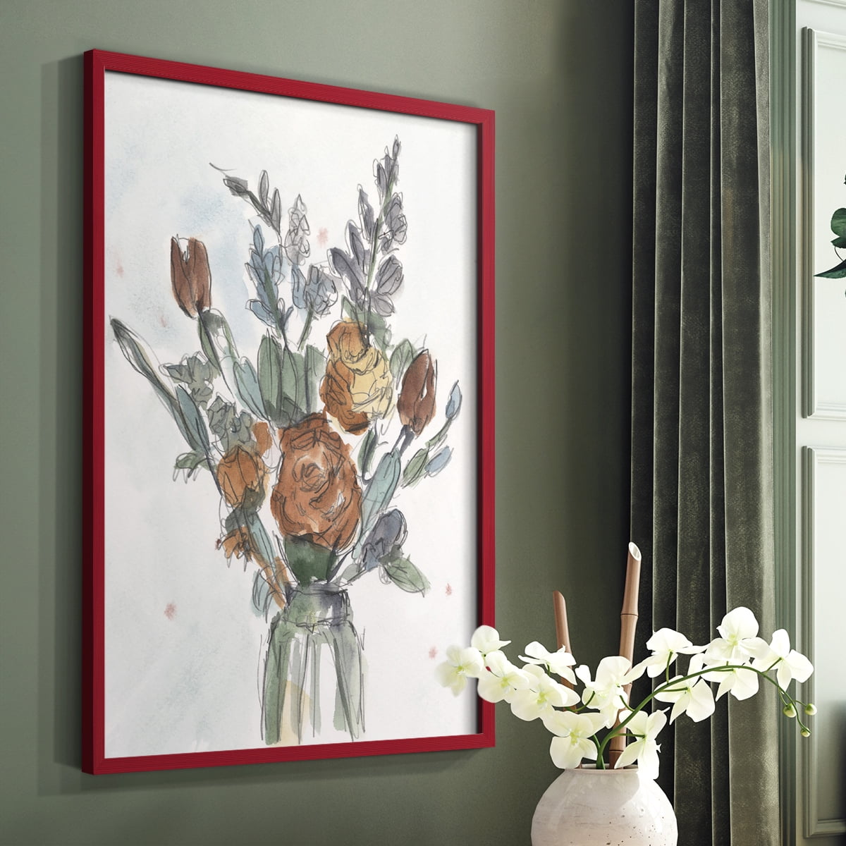 Watercolor Floral Arrangement II Framed Print in Red Solid Wood 11 x 14 Framed Print