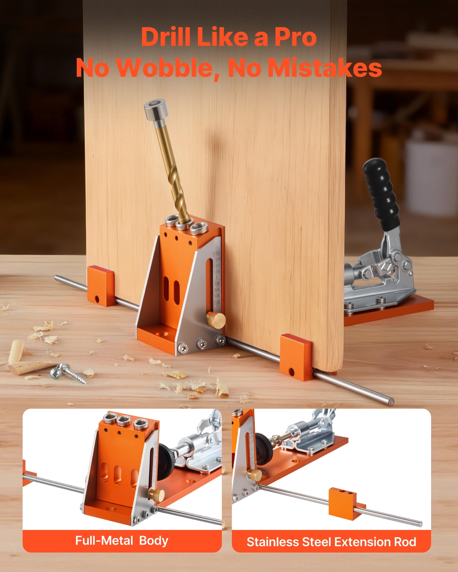 VEVOR Pocket Hole Jig Kit, 1/2 to 1-1/2 in Adjustable,Jig Pocket Hole System with Toolcase, C-Clamp, Step Drill, Hex Wrench, Drill Stop Ring, Square Drive Bit, Reinforced Metal Frame, for Woodworking