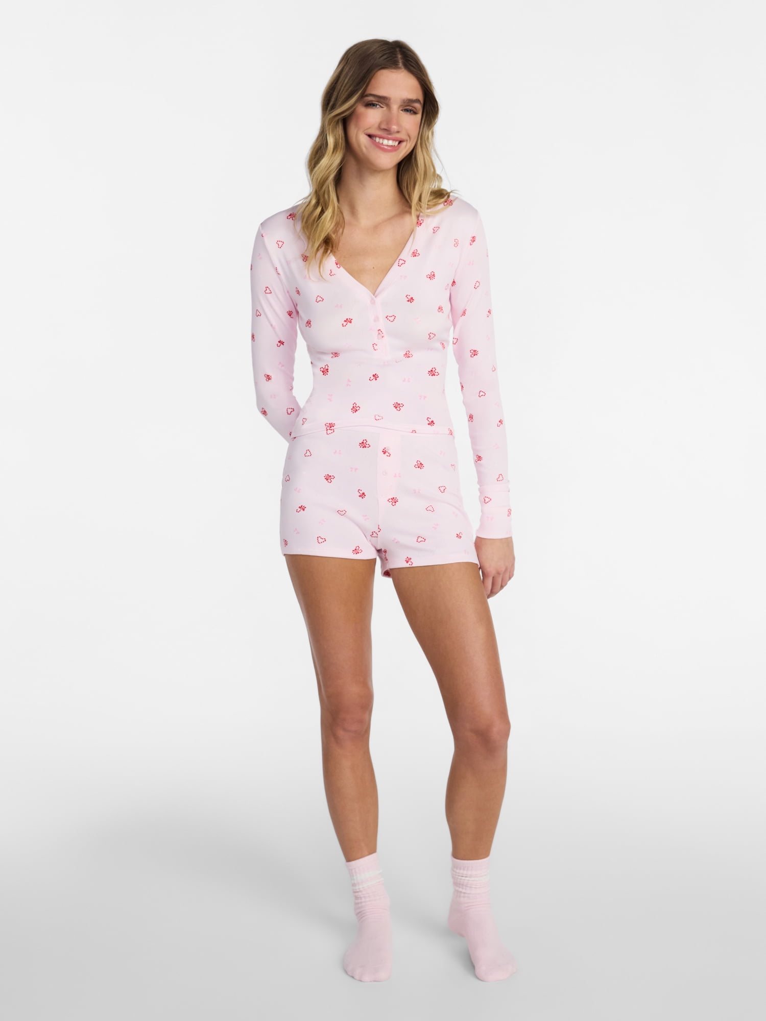 No Boundaries Giftable Henley Sleep Top and Shorts with Socks Set, 3-Piece, Women's XXS-3X