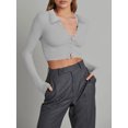 thumbnail image 2 of Diconna Women Crop Ribbed Tops Solid Color Long Sleeve Basic Shirt Casual Button Cardigan for Club Streetwear, 2 of 5