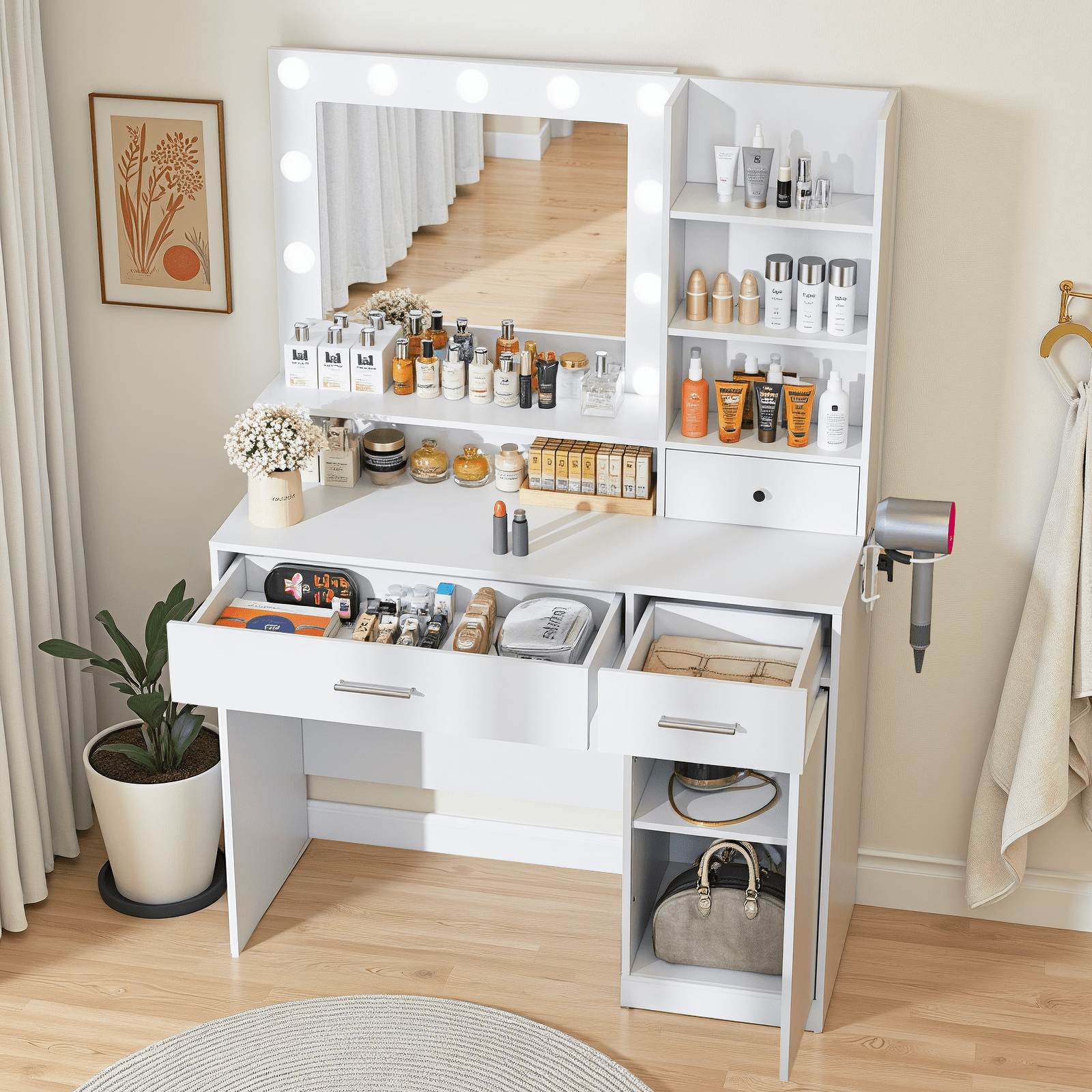 Blorly White Vanity Desk with Mirror, Makeup Vanity Table with LED Lights and Power Outlet, 3 Drawer, 4 Shelves, 1 Cabinet