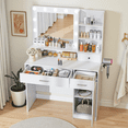 thumbnail image 4 of Blorly White Vanity Desk with Mirror, Makeup Vanity Table with LED Lights and Power Outlet, 3 Drawer, 4 Shelves, 1 Cabinet, 4 of 8