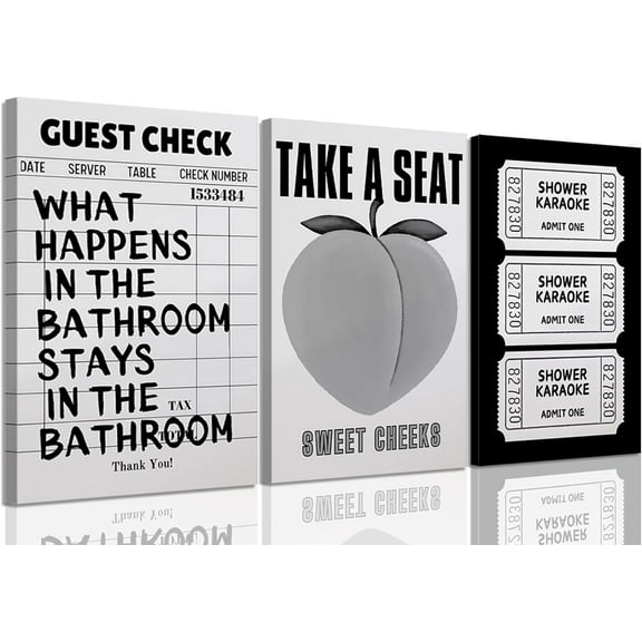 3Pcs Funny Bathroom Canvas Wall Art Humor Black and White Pictures Vintage Cute Preppy Posters Take A Seat Sweet Cheeks Peaches Prints Guest Bill Shower Karaoke Wall Decor 12x16in Unframed