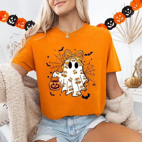 Cute Ghost Halloween T-Shirt – Kawaii Pumpkin and Bow Graphic Tee