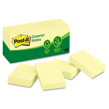 Post-it Greener Notes Recycled Note Pads, 1 1/2 x 2, Canary Yellow, 100-Sheet, 12/Pack -MMM653RPYW