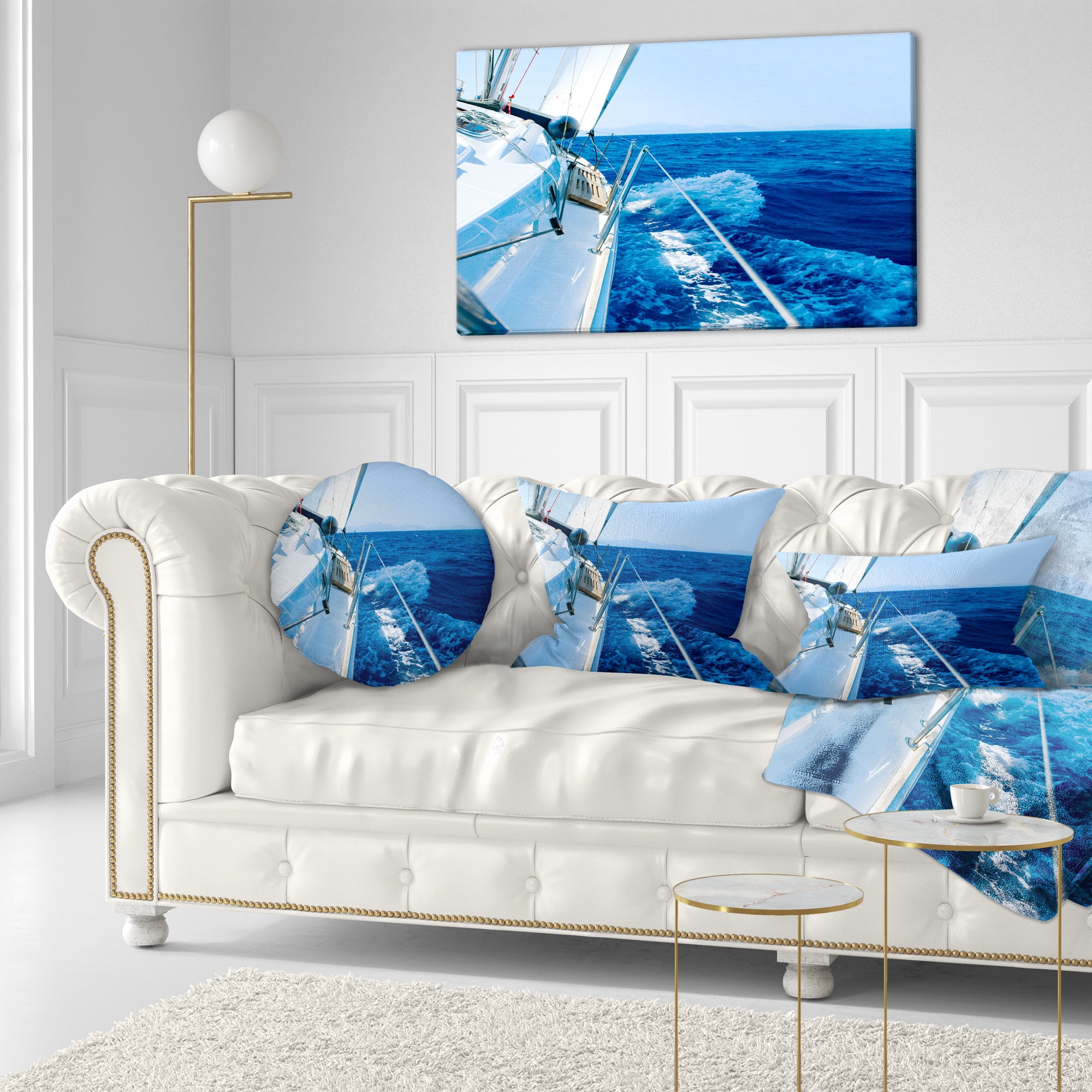 Designart Tourism Yacht Sailing in Blue Sea - Seashore Throw Pillow - 12x20