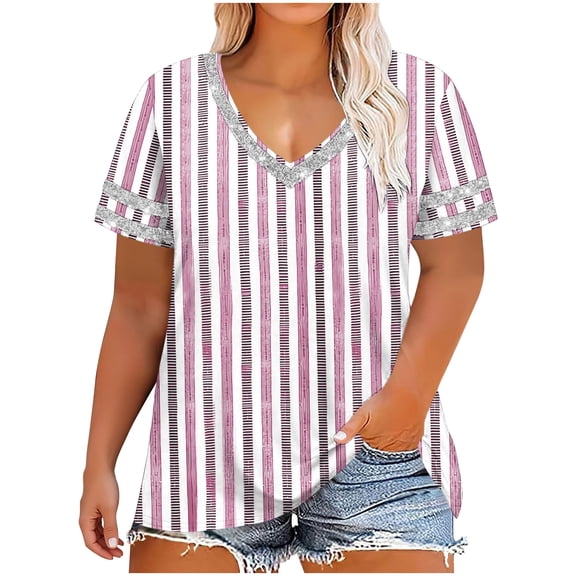 Hvot&aat Plus Size Tops for Women Loose Fit Short Sleeve V Neck Sequin Top Casual Summer Tunics Tees