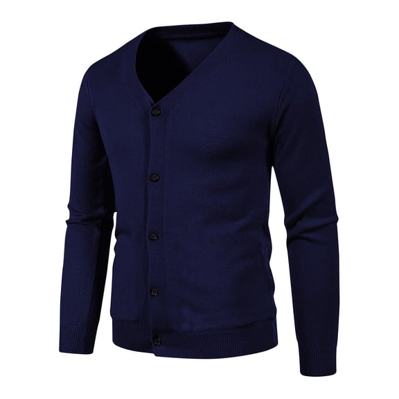 PiGOGI Trench Coat Men Men's Fashionable Solid Color Cardigan Pocket Button Knit Sweater Jacket Navy