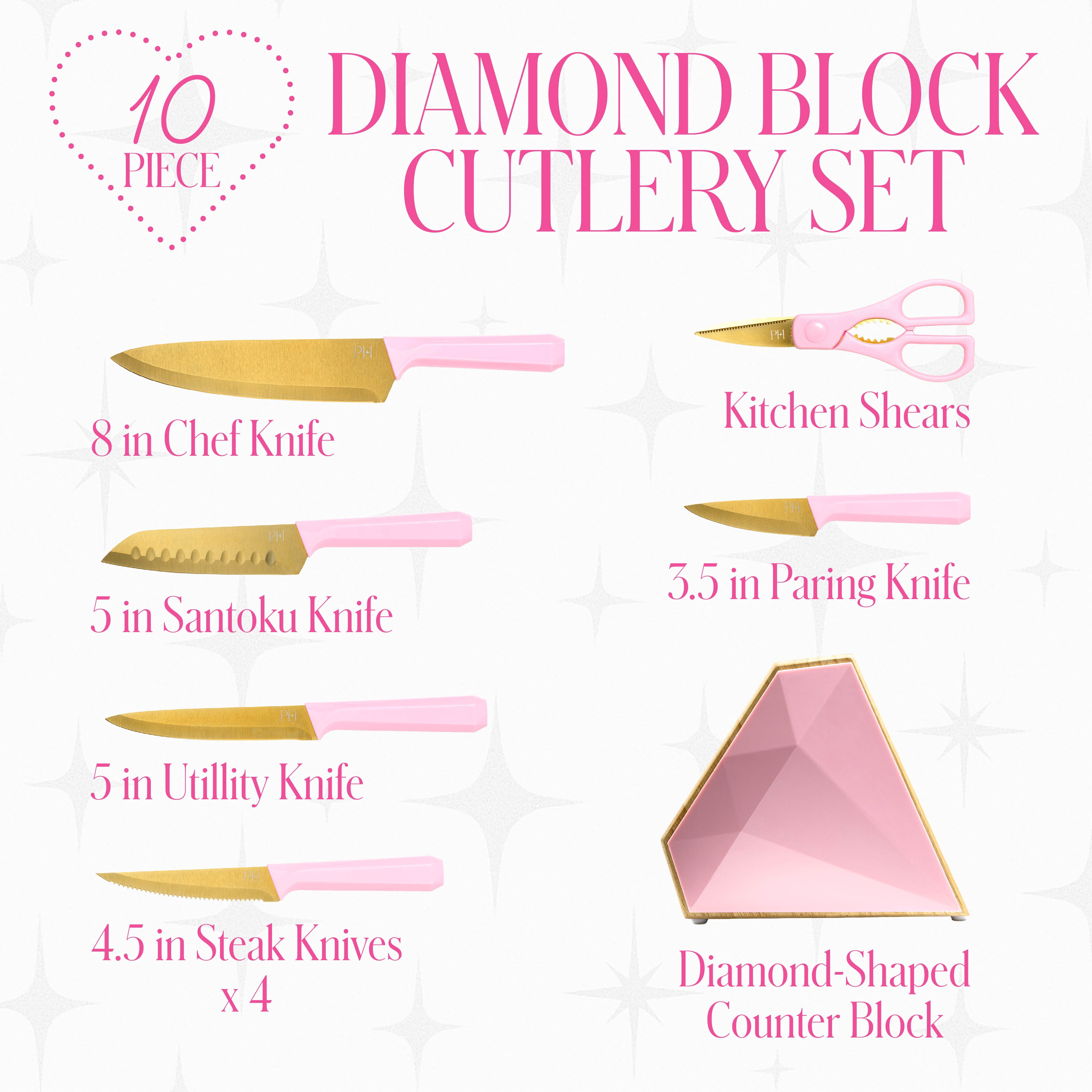 Paris Hilton 10-Piece Cutlery Block Set, Titanium-Coated Stainless Steel Blades, Diamond-Faceted Block, Pink