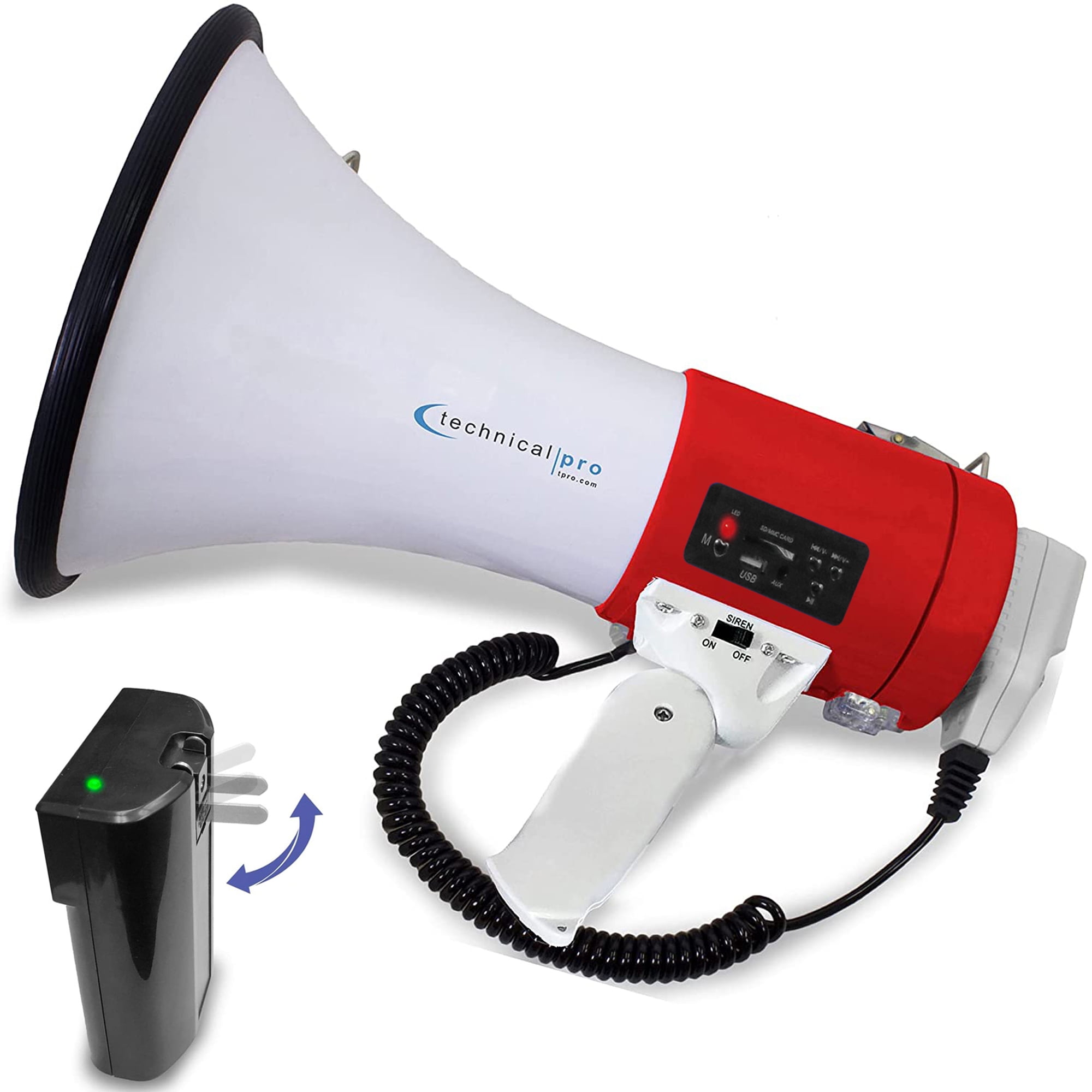 a Built-in AC Wall Charger Good for Trainers Technical Pro Portable 50-Watt Megaphone Bullhorn Speaker w/Detachable Microphone w/Rechargeable Battery Cheer Leaders Soccer Coaches 