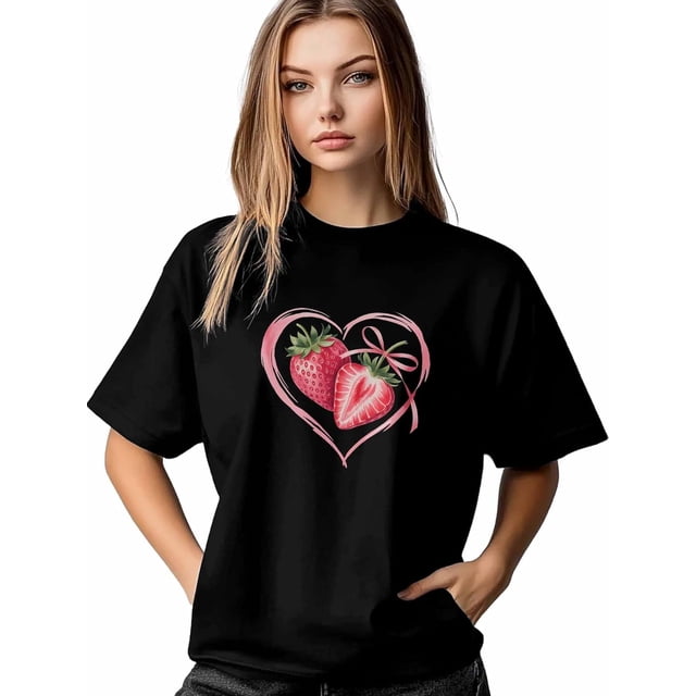 T-Shirt pour Femmes, T-Shirts à Manches Courtes Hauts Décontractés Rose Fraise Cœur d'Amour Col Rond T-Shirt pour Femmes