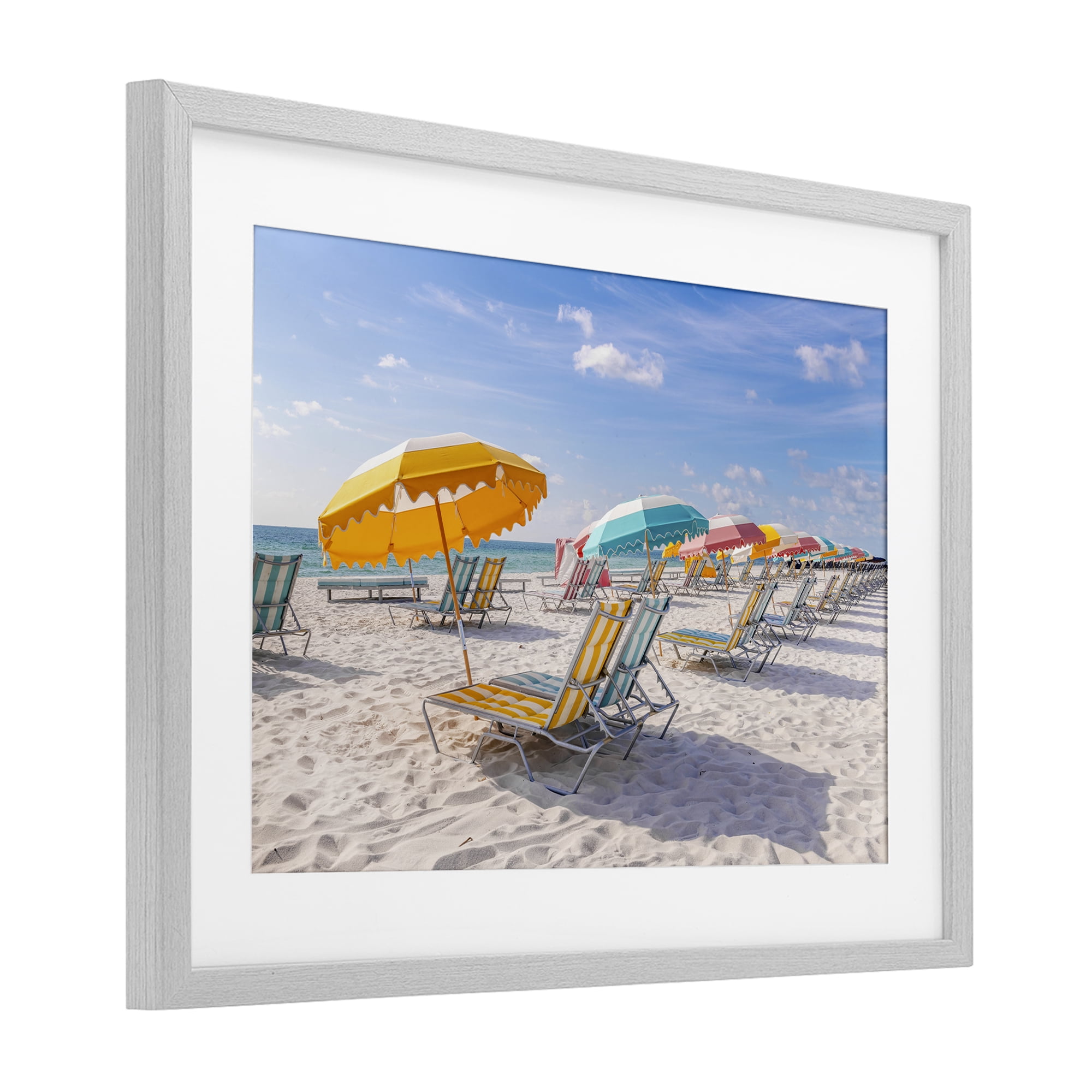 Stupell Industries Striped Umbrellas on Sunny Beach Gray Framed Print Under Glass, design by Richard Silver