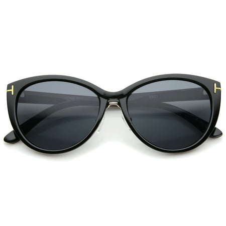 sunglassLA - Women's Metal Nose Bridge Temple Accent Oval Cat Eye Sunglasses (Black-Gold / Smoke) -