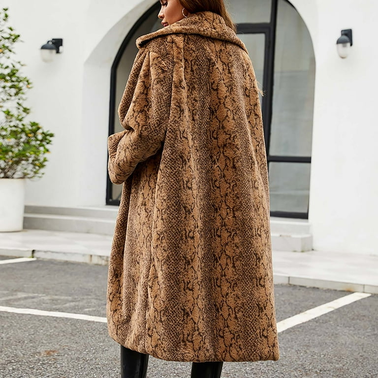 Hfnxid Womens Long Faux Fur Coat Leopard Shaggy Jacket Lapel Open