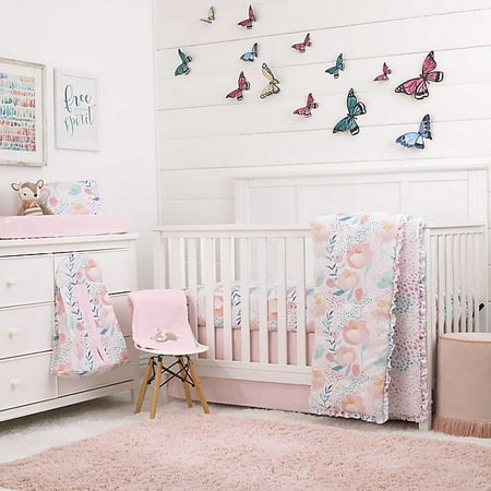 NoJo Watercolor Blossoms Pink Teal Gold and White Floral 8 Piece Crib Bedding Set