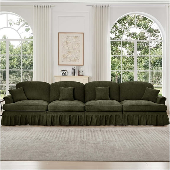 JERFIT Modern 4-Seater Chenille Sofa with Convertible Skirt, Flared Arms and Spindle Legs for Living Room, Apartment, Green