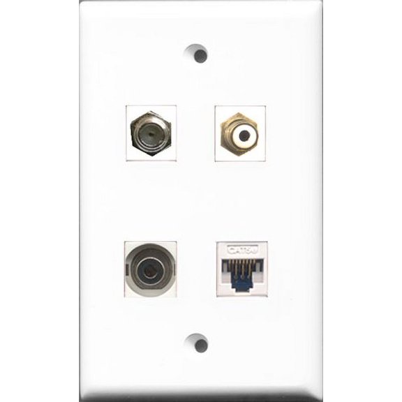 RiteAV 1 Port RCA White and 1 Port Coax Cable TV- F-Type and 1 Port 3.5mm and 1 Port Cat5e Ethernet White Wall Plate