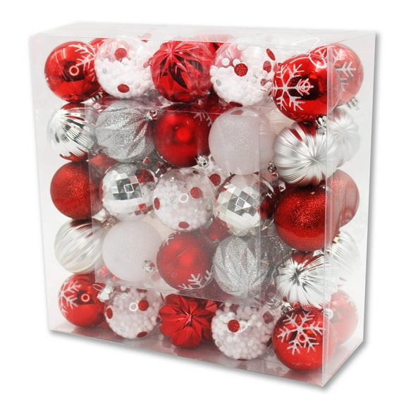 50 Pack Red and White Assorted Ball Ornaments