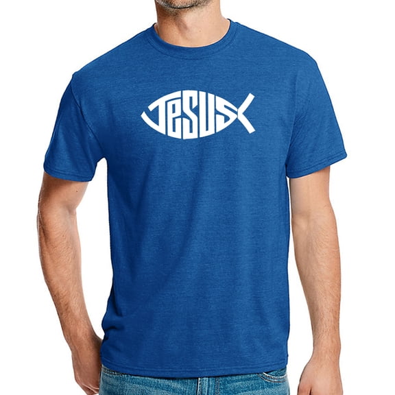 LA Pop Art Men's Premium Blend Word Art T-shirt - Christian Jesus Name Fish Symbol