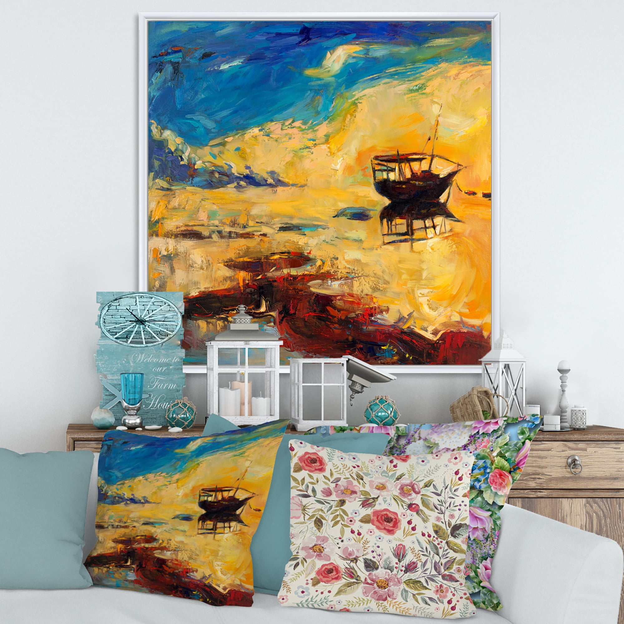 Designart 'Abstract Boat At The Ocean Horizon During Sunset' Nautical & Coastal Framed Canvas Wall Art Print