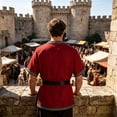 thumbnail image 6 of Halloween Renaissance Top, V Neck Medieval Viking Short Sleeve Tunic, Printed Trim Warrior Peasant Cosplay Top With Belt, Multi Earth Tone Larp Halloween Costume Shirt, Red XL, 6 of 7