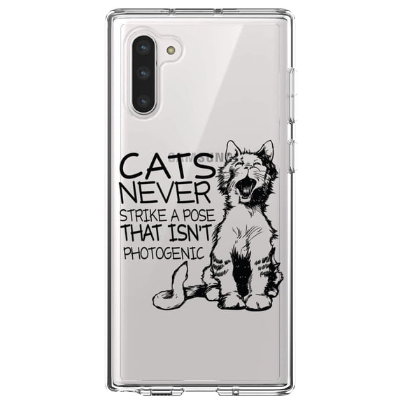 DistinctInk Clear Shockproof Hybrid Case for Samsung Galaxy Note 10 (6.3" Screen) - TPU Bumper Acrylic Back Tempered Glass Screen Protector - Cats Never Strike a Pose not Photogenic