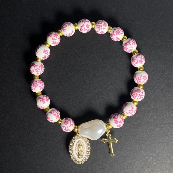 Z.LP Jewelry Virgin Mary Cross Charm Bracelet with Pink and White Porcelain Beads & Baroque Pearl