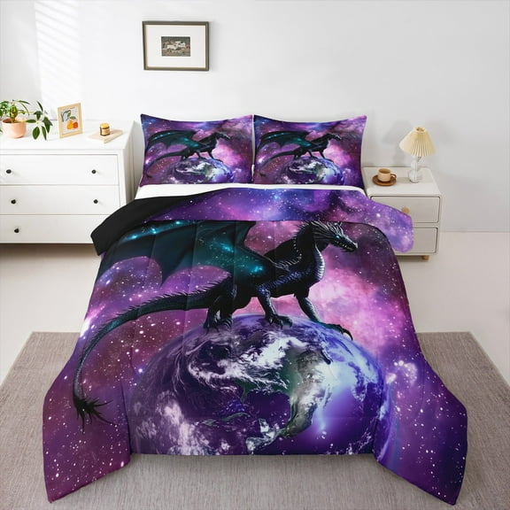 Manfei Cartoon Animal Dragon Bedding Comforter Set,Galaxy Planet Starry Night Twin Comforter Sets,Western Fansty Theme Bedding Set For Girls Kids,Breathable Home Decor Reversible,2 Pieces