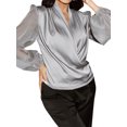 thumbnail image 3 of HUBERY Women Satin Fold V Neck Pleated Lantern Long Sleeve Solid Color Top, 3 of 7