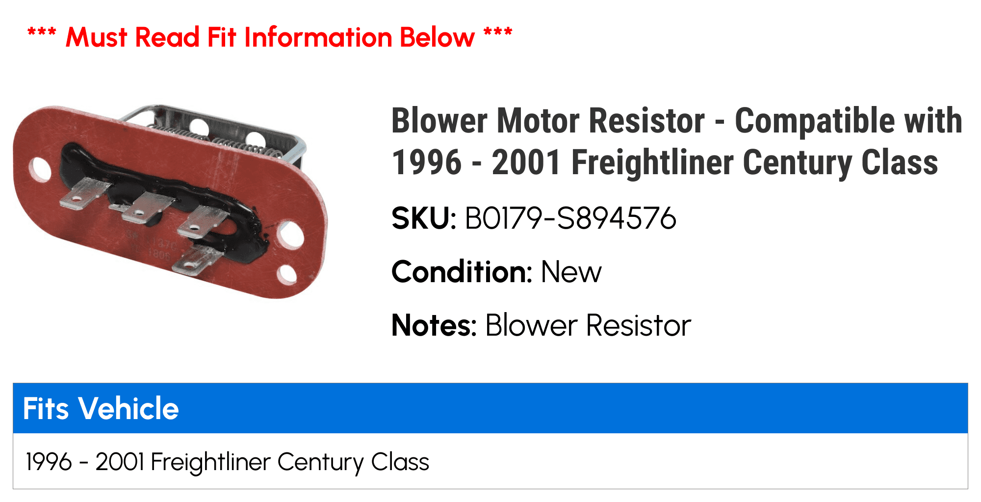 Blower Motor Resistor - Compatible with 1996 - 2001 Freightliner Century Class 1997 1998 1999 2000