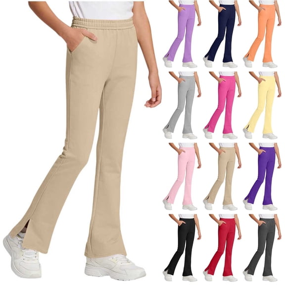 JTSRKL Girls Uniform Pants Kids Girl High Waisted Stretchy Flare Dress Pant Side Slit Bell Bottom Yoga Leggings Fashion Teens Preppy Clothes Pink 12-13 Years