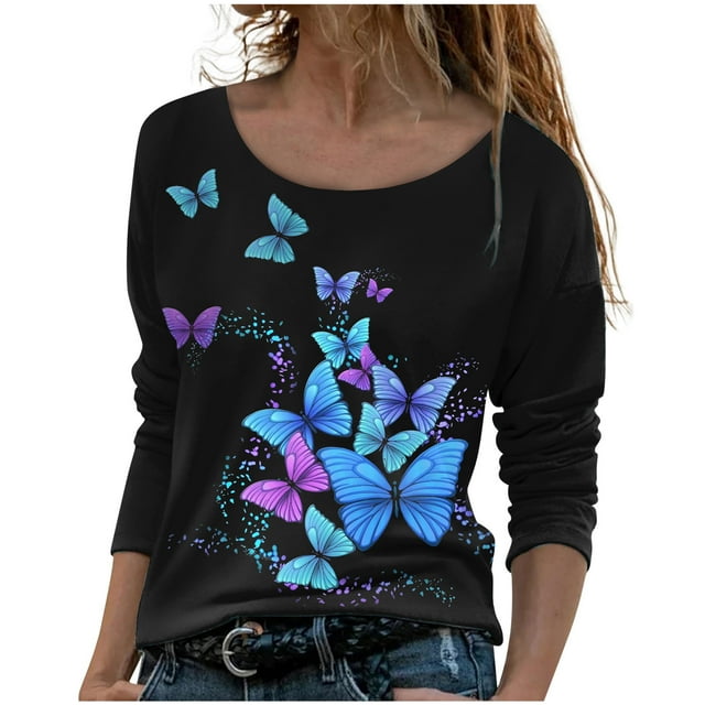 IROINID T-Shirts à Manches Longues Réduits pour Femmes, Col Rond Imprimé, Blouse d'Automne, Noir