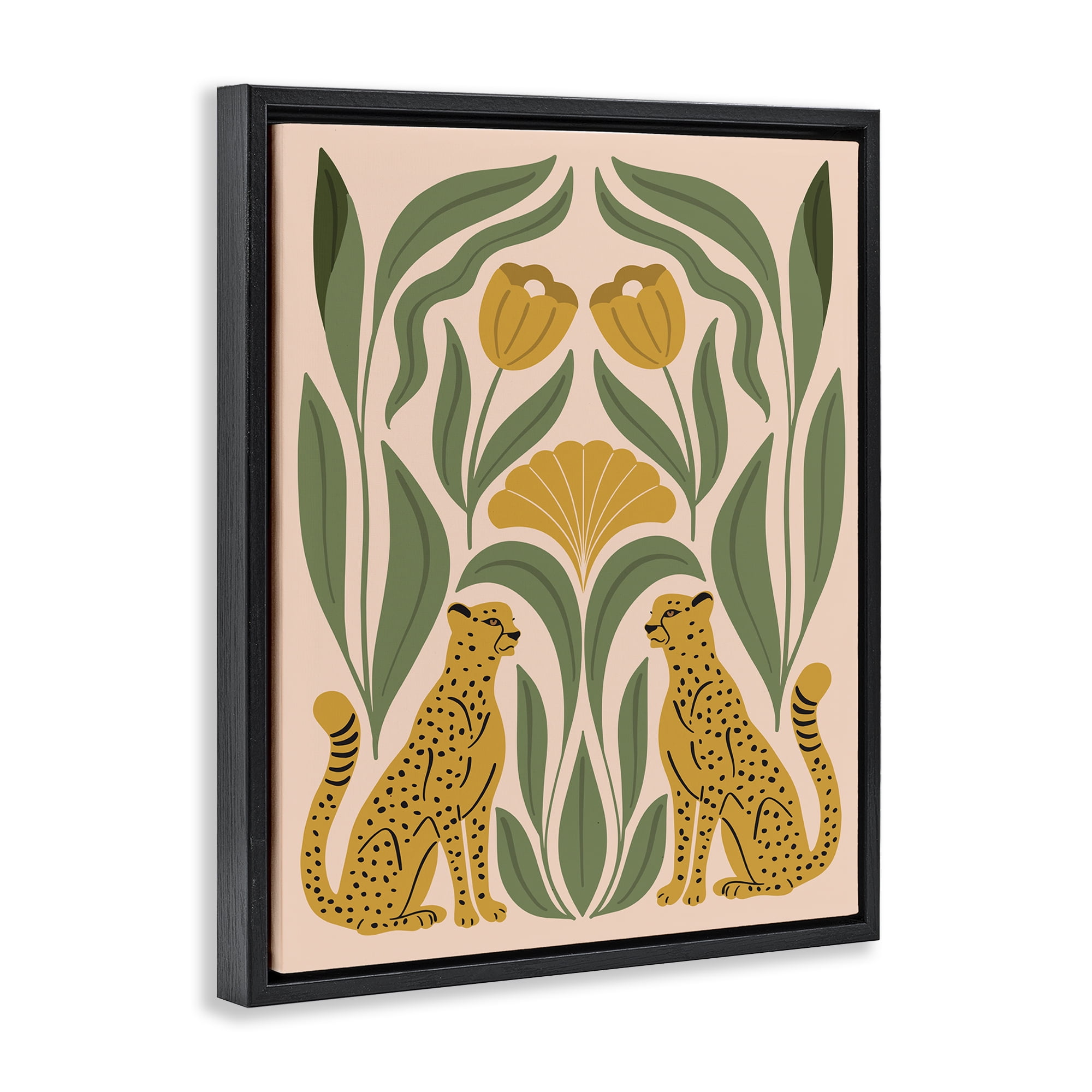 Stupell Industries Boho Chic Mirrored Leopards Plants & Flowers Painting Black Floater Framed Canvas Art Print Wall Art, 17 x 21